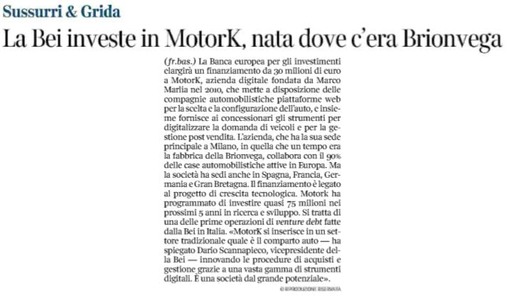 Corriere della Sera: la BEI investe su MotorK